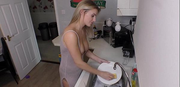  Beautiful busty blonde washing the dishes with downblouse